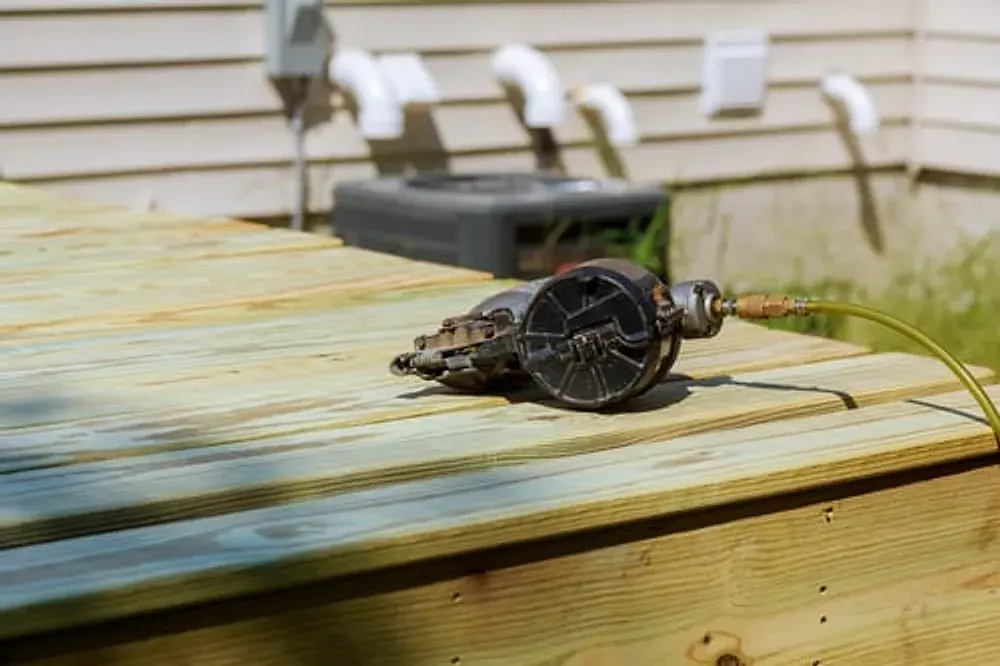 Tools resting on freshly built pressure-treated deck boards
